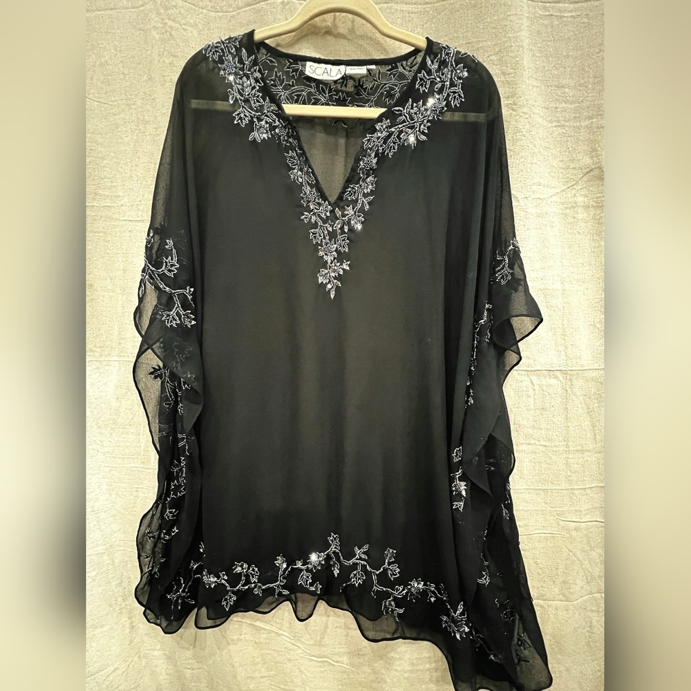 Scala VG Cocktail Kaftan Dress Black Sheer Chiffon Cover Up Beaded Sequin Size S
